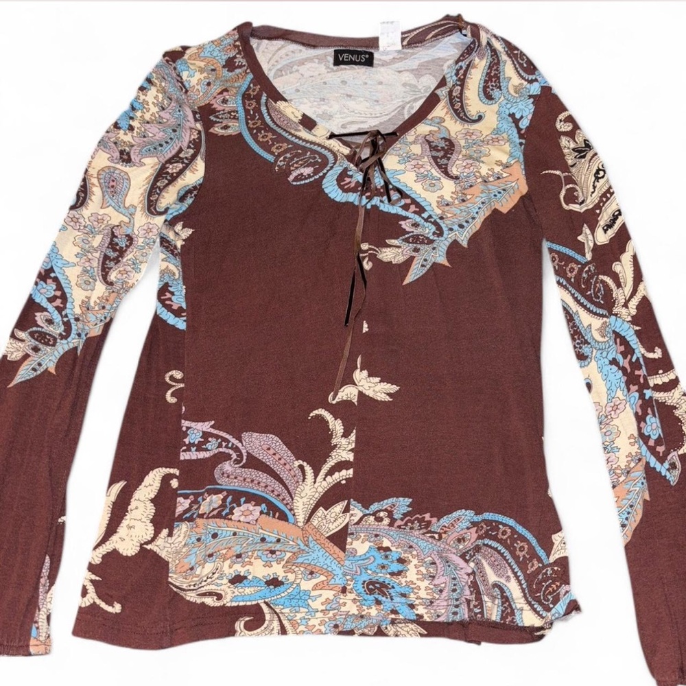 VENUS Brown Tie Front Blouse with Elegant Long Sleeves